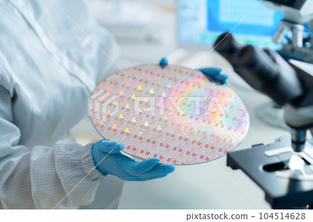 Engineer inspecting wafers in clean room 104514628