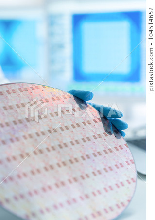 Engineer inspecting wafers in clean room Engineer inspecting wafers in clean room 104514652
