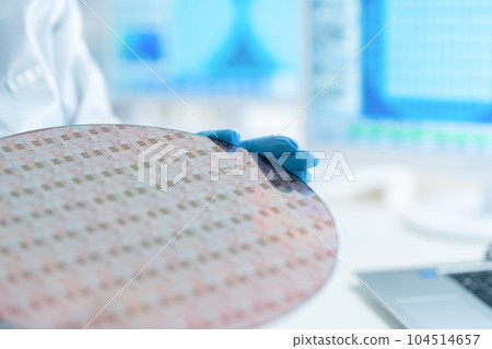 工程師在潔淨室檢查晶圓 104514657