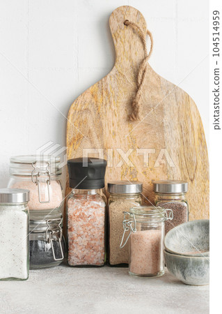 Jars with assorted speciality salt 104514959