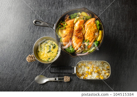 grilled salmon in an iron skillet 104515384