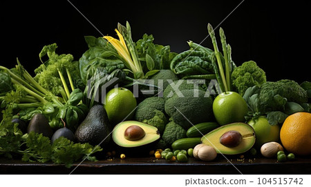 Various green vegetables and fruits. 104515742