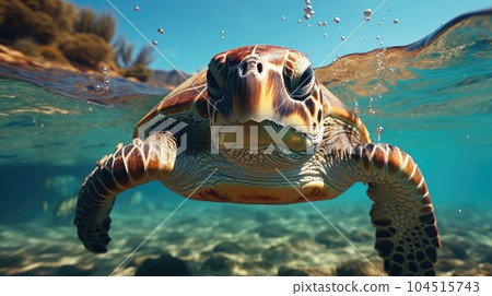 Hawaiian Green Sea Turtle swimming underwater. 104515743