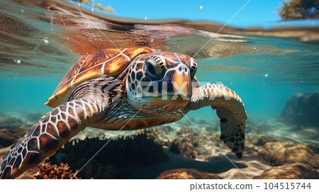 Hawaiian Green Sea Turtle swimming underwater. 104515744