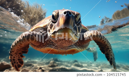 Hawaiian Green Sea Turtle swimming underwater. 104515745