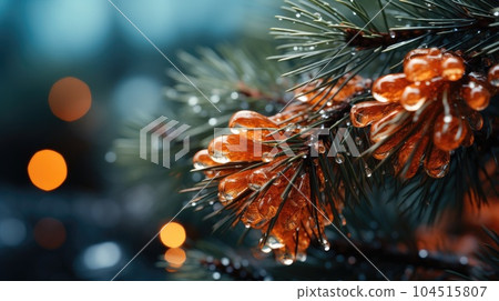 Fir tree branches with glowing Christmas lights background, Winter and holidays concept. 104515807