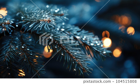 Fir tree branches with glowing Christmas lights background, Winter and holidays concept. 104515808