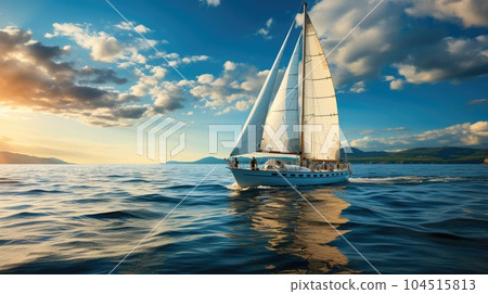Yacht and blue water ocean, Sailing luxury yacht at open sea at sunny day. Yacht and blue water ocean, Sailing luxury yacht at open sea at sunny day. 104515813