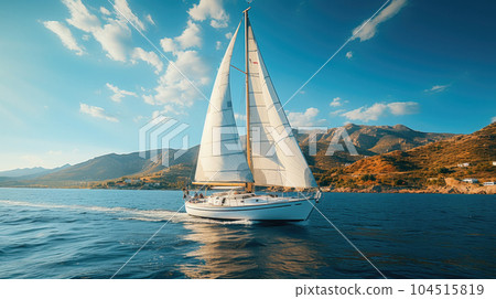 Yacht and blue water ocean, Sailing luxury yacht at open sea at sunny day. 104515819