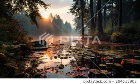 Foggy dawn on a forest lake. First sunbeams in the fog. Foggy dawn on a forest lake. First sunbeams in the fog. 104515903