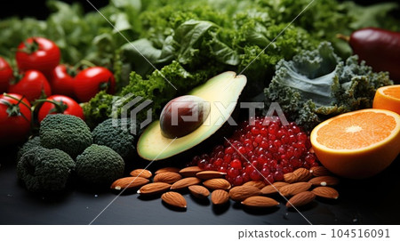 Health food for fitness concept with fruit, vegetables, pulses, herbs, spices, nuts. 104516091