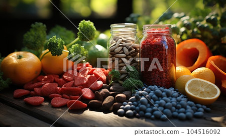 Health food for fitness concept with fruit, vegetables, pulses, herbs, spices, nuts. Health food for fitness concept with fruit, vegetables, pulses, herbs, spices, nuts. 104516092