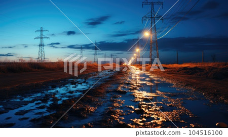 High voltage power lines at sunset,high voltage electric transmission tower. 104516100