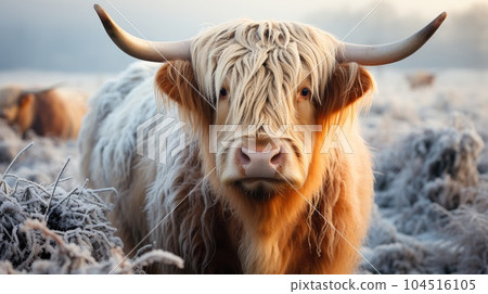 Highland cattle on a frosty in frost on a winters morning. Highland cattle on a frosty in frost on a winters morning. 104516105