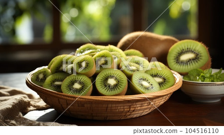 Basket of many whole and cut fresh kiwis, close up. Basket of many whole and cut fresh kiwis, close up. 104516110