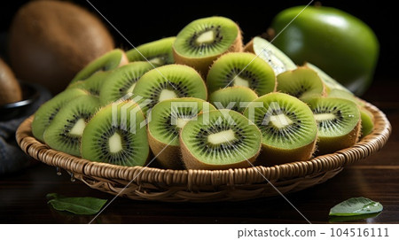 Basket of many whole and cut fresh kiwis, close up. Basket of many whole and cut fresh kiwis, close up. 104516111