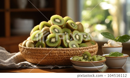 Basket of many whole and cut fresh kiwis, close up. Basket of many whole and cut fresh kiwis, close up. 104516112