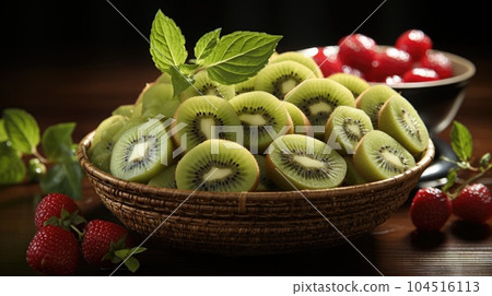 Basket of many whole and cut fresh kiwis, close up. 104516113