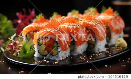 Japanese Sushi roll with salmon and cucumber on dark background, Asian dish pieces with salmon. Japanese Sushi roll with salmon and cucumber on dark background, Asian dish pieces with salmon. 104516119