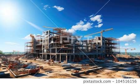 Modern building under construction against, Construction work site. Modern building under construction against, Construction work site. 104516156