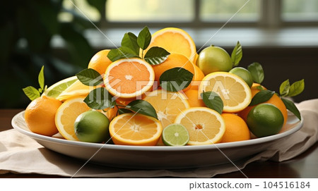 Raw citruses on plate on white background, Food and drink ingredients preparing. 104516184