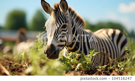 Zebra, Striped zebra eating grass in an animal sanctuary, Autumn landscape. Zebra, Striped zebra eating grass in an animal sanctuary, Autumn landscape. 104516247