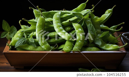 Sugar snap peas with mint on wood background, Fresh green peas. 104516255