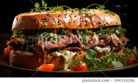 Tasty beef sandwich in black background, Fresh tasty burger, Delicious grilled burgers. 104516266