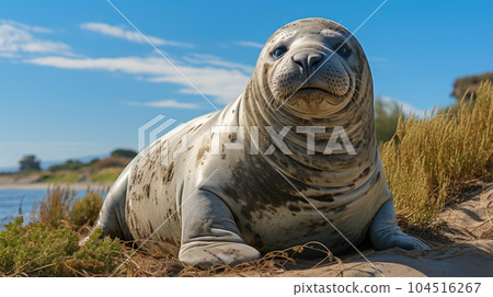 Elephant seal laying on the wet sand on a sunny day. 104516267