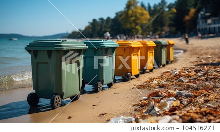 Three Colorful Plastic Waste Containers For Separate Collection Of Garbage. Three Colorful Plastic Waste Containers For Separate Collection Of Garbage. 104516271