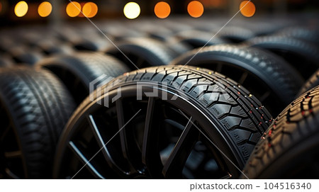 A tire store, Tire rubber products, Group of new tires for sale at a tire store. A tire store, Tire rubber products, Group of new tires for sale at a tire store. 104516340