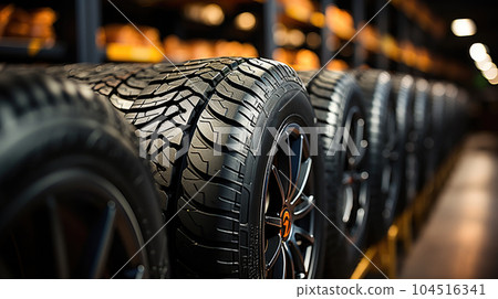 Transportation Tire rubber products , Group of new tires for sale at a tire store. Transportation Tire rubber products , Group of new tires for sale at a tire store. 104516341