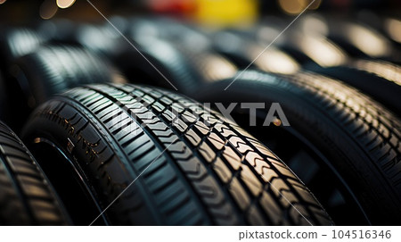 Transportation Tire rubber products , Group of new tires for sale at a tire store. 104516346