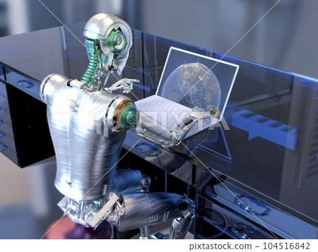 A 3D scientific illustration featuring a humanoid robot engaged in studying a geography map on a laptop A 3D scientific illustration featuring a humanoid robot engaged in studying a geography map on a laptop 104516842