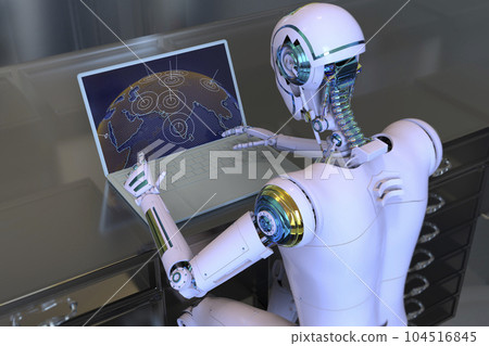 A 3D scientific illustration featuring a humanoid robot engaged in studying a geography map on a laptop 104516845