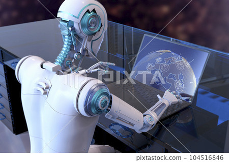 A 3D scientific illustration featuring a humanoid robot engaged in studying a geography map on a laptop 104516846