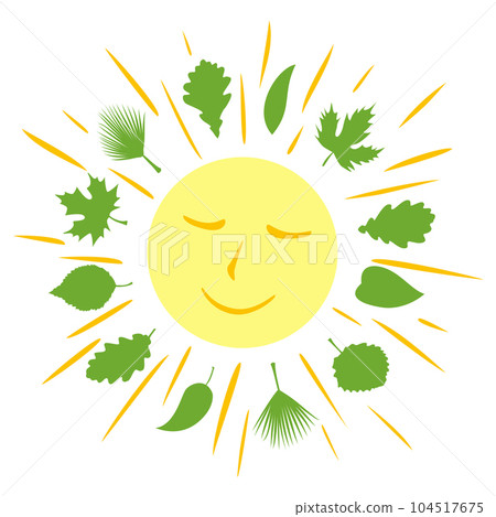 Smiling sun surrounded by green leaves and sunbeams. Smiling sun surrounded by green leaves and sunbeams. 104517675
