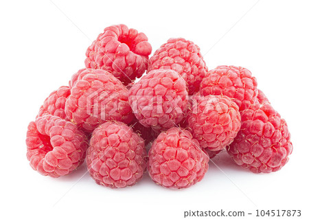 Bunch of raspberry fruits isolated on white background close up. File contains clipping path. Bunch of raspberry fruits isolated on white background close up. File contains clipping path. 104517873