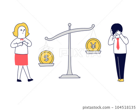 A man who holds his head with a woman who is pleased with the yen's depreciation against the dollar A man who holds his head with a woman who is pleased with the yen's depreciation against the dollar 104518135