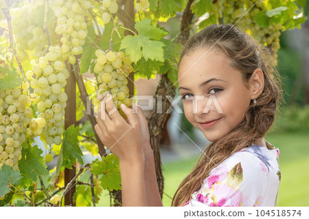 Girl is showing ripe grapes smiling at the camera. Girl is showing ripe grapes smiling at the camera. 104518574