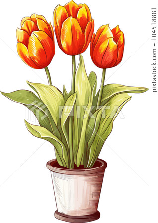 Tulip Flower in Pot Watercolor Painting. Clipart Colorful Tulips Flowerpot. Tulip Flower in Pot Watercolor Painting. Clipart Colorful Tulips Flowerpot. 104518881