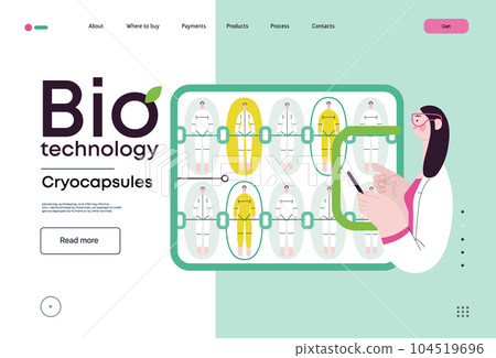 Bio Technology, Cryocapsule Time Freezer -modern flat vector concept illustration of futuristic cryocapsules resembling frozen time vaults. Metaphor of preserving life, time through cryonic technology 104519696