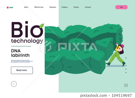 Bio Technology, DNA Labyrinth -modern flat vector concept illustration of person in front of a labyrinth in the form of a double helix DNA. Metaphor of intricacies and challenges of genetic research 104519697