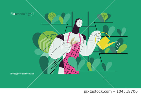Bio Technology, Robot on farm -modern flat vector concept illustration of bio-robot engaged in agricultural activities. Metaphor of robotics and biotechnology integration, efficiency, sustainability 104519706