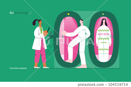 Bio Technology, Cryocapsule Time Freezer -modern flat vector concept illustration of futuristic cryocapsules resembling frozen time vaults. Metaphor of preserving life, time through cryonic technology 104519714