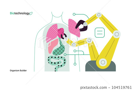 Bio Technology, Organism Builder -modern flat vector concept illustration of robot assembling organism using blocks, parts representing organ systems. Metaphor of regenerative medicine and 3D printing Bio Technology, Organism Builder -modern flat vector concept illustration of robot assembling organism using blocks, parts representing organ systems. Metaphor of regenerative medicine and 3D printing 104519761