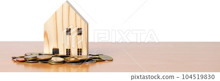 Money coin with wooden home model. 104519830