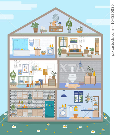 Hause in cut, apartment inside. Kitchen, living room, bedroom, bathroom with furnitures. Vector detailed modern house interior in flat style. 104520859