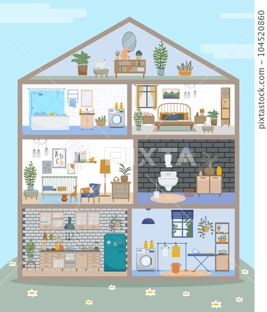 Hause in cut, apartment inside. Kitchen, living room, bedroom, bathroom with furnitures. Vector detailed modern house interior in flat style. 104520860