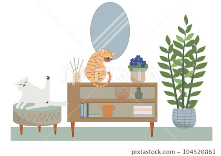 Living room interior in a modern style with cute cats. Vector flat illustration. 104520861